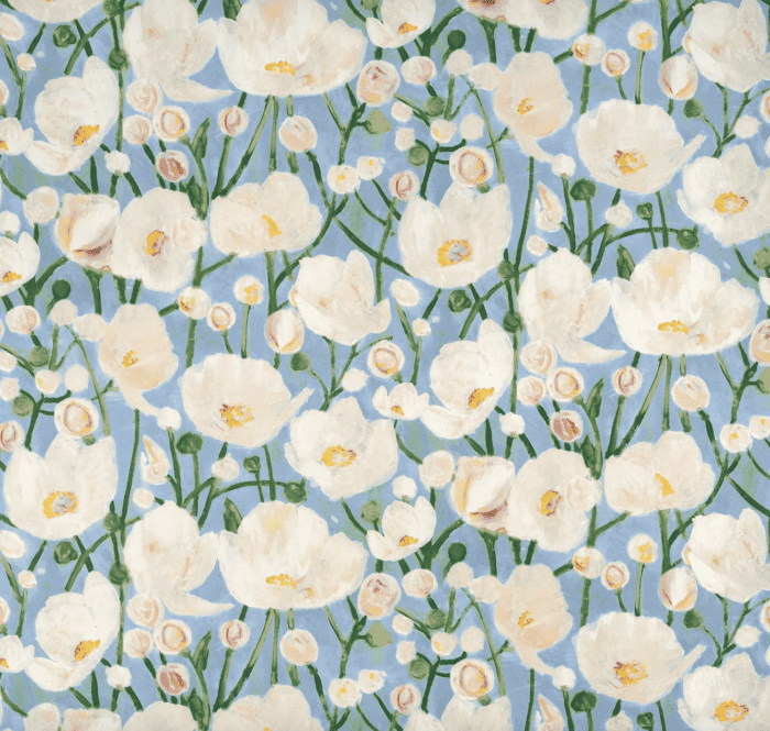Painterly floral fabric in blue, yellow, white, and green
